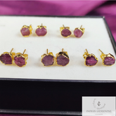 Raw Tourmaline Gemstone Earrings, Pink Tourmaline Jewelry, Tiny Gold Plated Studs, October Birthstone, Gift For Her, Rough Crystal Earrings
